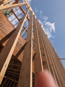 Construction progress: vertical wooden beams forming the wall structure.
